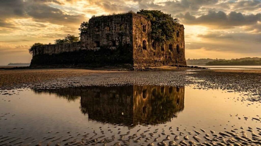 Alibaug Fort at Kelva Beach low tide with tidal path to Danda Creek