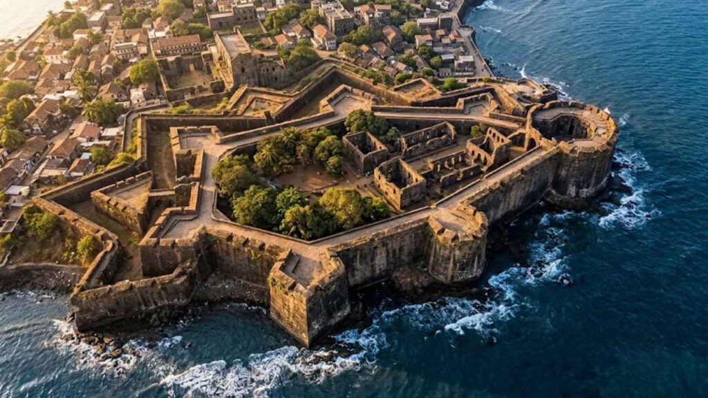 Aerial view of Vasai Fort and the sea
