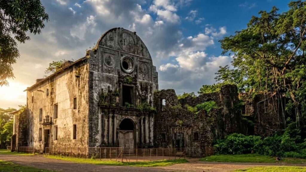 Ruined Portuguese church facade inside Vasai Fort